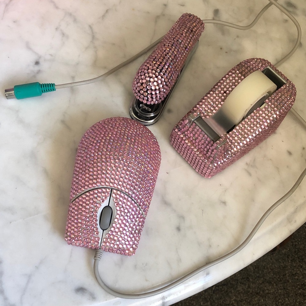 Pink Rhinestone Computer Mouse, tape & stapler 3pc set! Vintage! - Picture 3 of 12